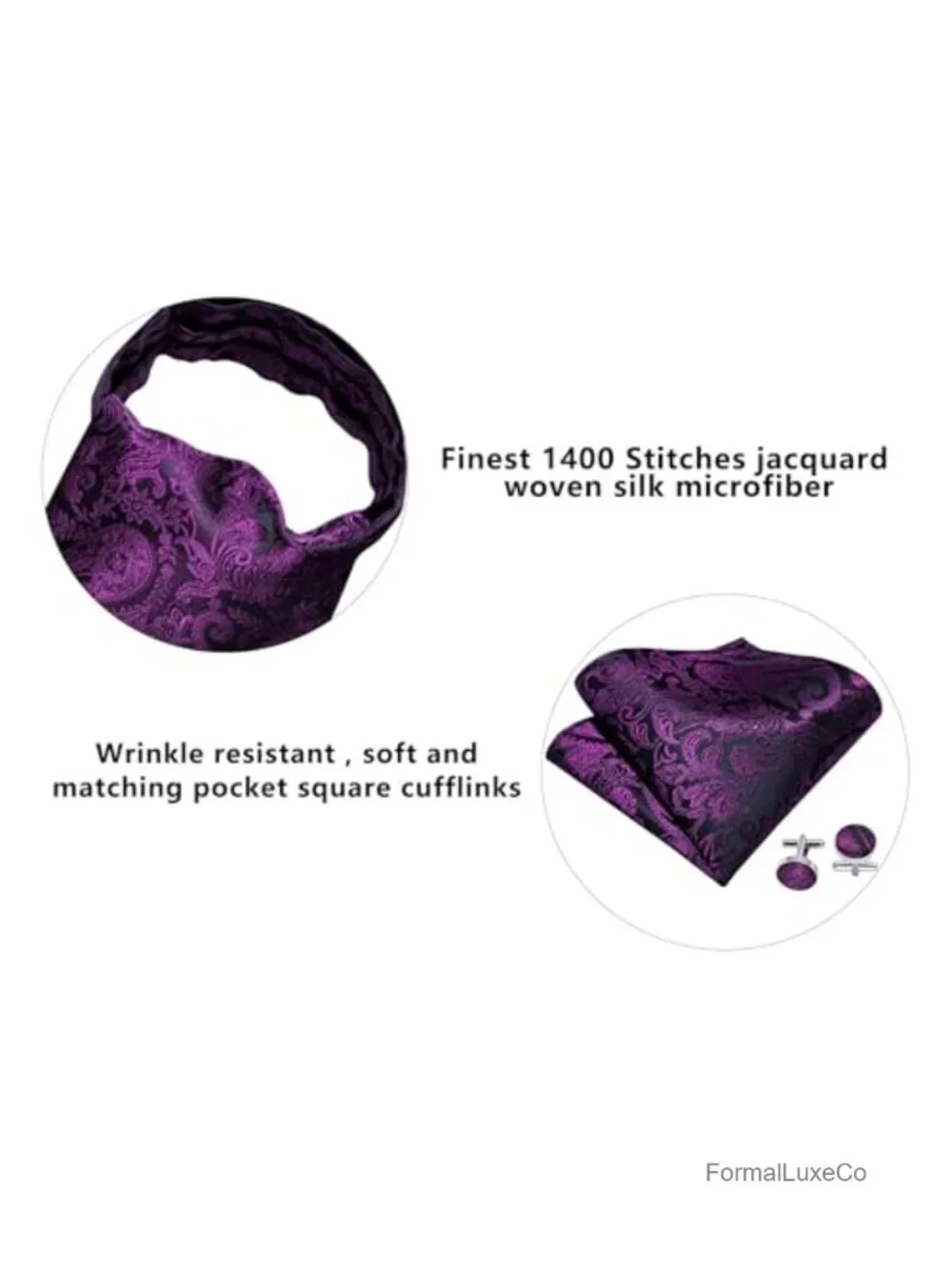 Men's Ascot Tie Cravat Set with Handkerchief & Cufflinks Silk